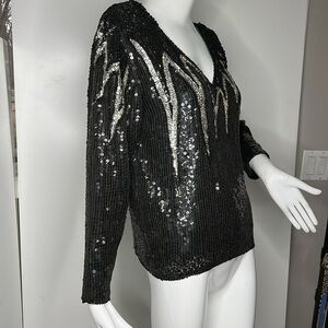 Creative Creations Sz S Black Silver Beaded Pull On V Neck Blouse